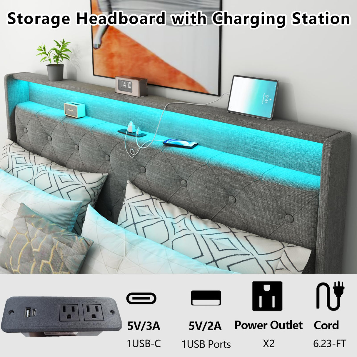 Loomie King Hydraulic Lift Bed Frame with LED Lighting & Charging Station in Light Grey Loomie