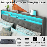 Loomie King Hydraulic Lift Bed Frame with LED Lighting & Charging Station in Light Grey Loomie