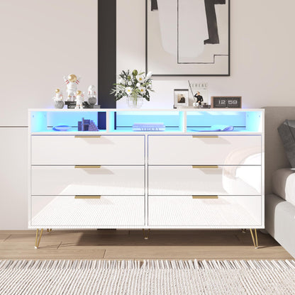 Hlivelood White Dresser for Bedroom with LED Lights, 6 Drawer Dresser with Gold Legs, High Gloss Modern Wide Dressers & Chests of Drawers, Living Room, Hallway, 55 Inch - WoodArtSupply