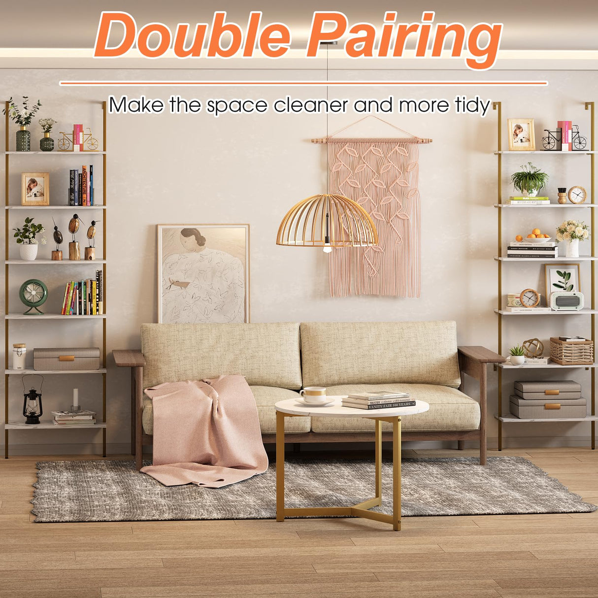 Wolawu Ladder Shelf 6 Tiers Marble White Modern Bookshelf Open Tall Wall Mount Bookcase Standing Leaning Wall Shelves Industrial Decorative Living Room Bed Room Wolawu