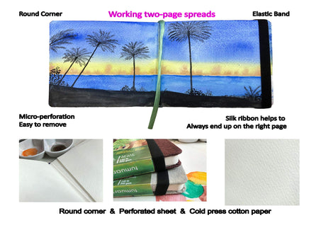 tumuarta Square Watercolor Journal, 8.25x8.25”, 140 LB, 300 GSM, 25% Cotton, Cold Press, 24 Sheets, 48 Pages, Watercolor Paper Sketchbooks for Use As Travel Mixed Media Pads Plein Air Set tumuarta