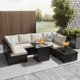 Ophelian 8 Pieces Outdoor Sectional Furniture, Rattan Wicker Patio Sofa Couch with 28in Gas Fire Pit Table,Conversation Sets for Backyard,Garden, Deck, (Coffee/Beige) Ophelian