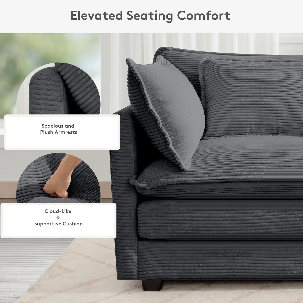ROWHY 113'' Modular Sectional Cloud Couch, 5 Seater Corner Sofa Big Comfy Corduroy Oversized L Shaped Couch with 2 Pillows, Ottoman, Deep Seat Sectional Couches for Living Room Office, Dark Grey ROWHY
