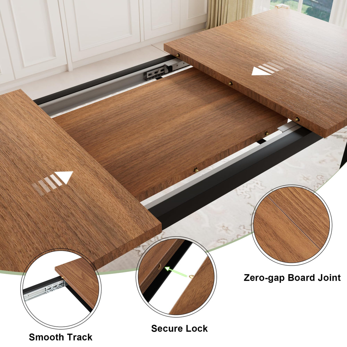 Feonase 7-Piece Dining Table Set with 6 Stools, 63" Large Extendable Kitchen Table Set for 4-8, Mid-Century Dining Room Table with Heavy-Duty Frame & MDF Board, Easy Assembly, Walnut Feonase