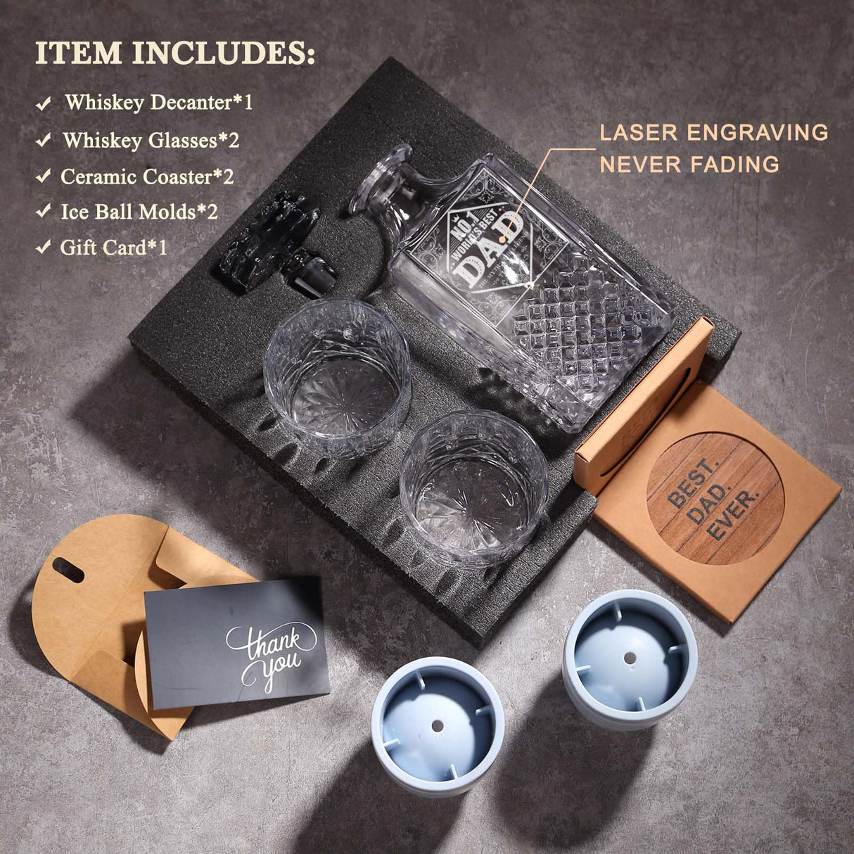 Gifts for Dad Men, Whiskey Decanter Set with Gift Box, Unique Christmas Gift from Daughter or Son, Perfect Birthday and Retirement Present for Men - Includes 2 Ice Molds, 2 Coasters, and a Gift Card LORSIA