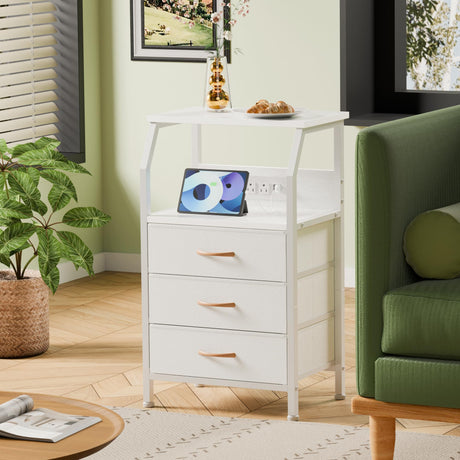 Furnulem Night Stand with Charging Station, 28.3 Inch Tall Bedside Table with PVC Drawers, End Table with USB Ports and Outlets, 3 Fabric Drawer Storage Nightstand for Bedroom, 3 Ways to Use, White Furnulem