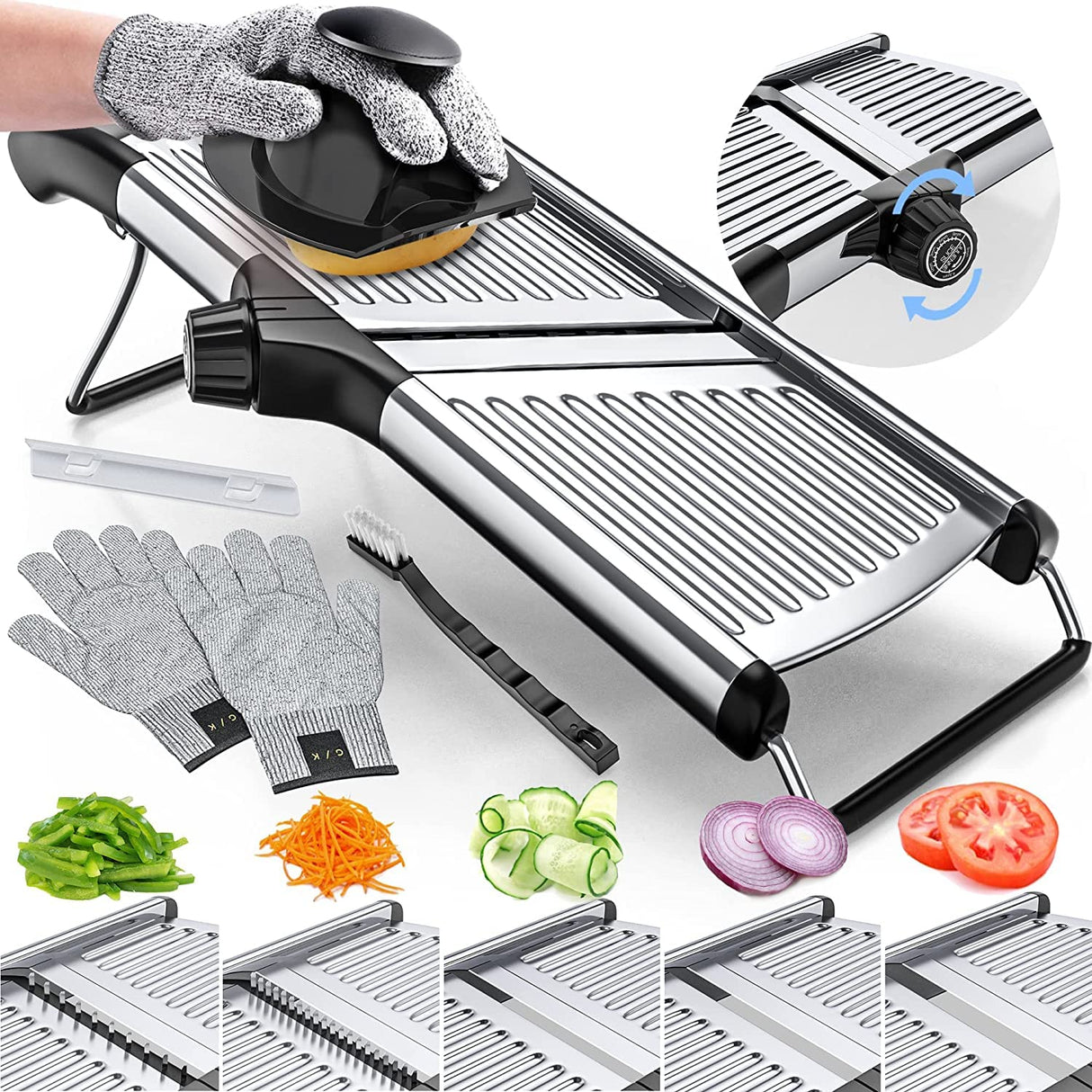 Gramercy Adjustable Mandoline Food Slicer, Mandoline Slicer for Kitchen, Mandolin, Potato, Tomato, Carrot, Vegetable, Fruit and Onion Cutter - Stainless Steel - INCLUDING 1 Pair Cut-Resistant Gloves Gramercy Kitchen Company