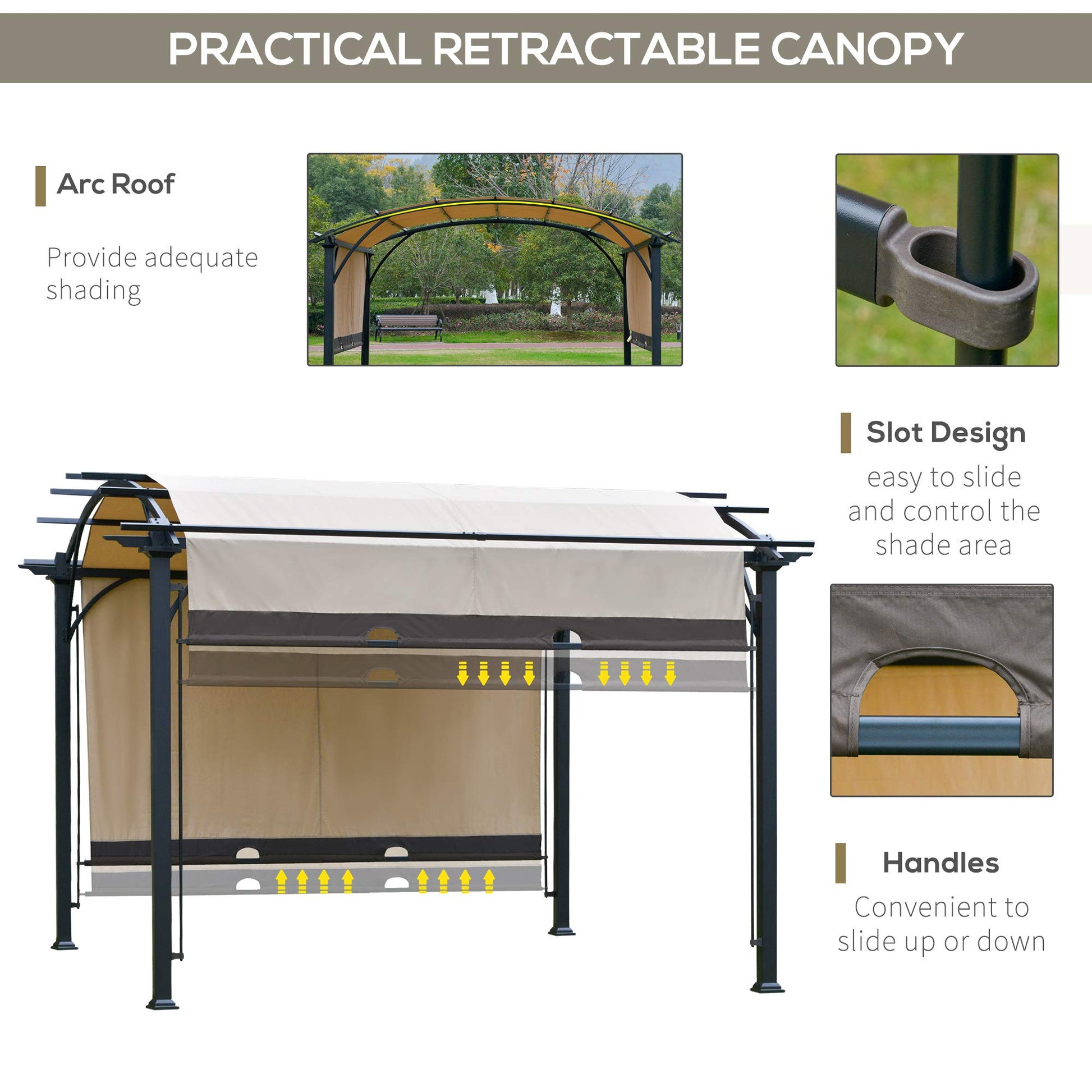 Outsunny 11' x 11' Outdoor Retractable Pergola Canopy, Arched Sun Shade Shelter, Metal Frame Patio Canopy for Backyard, Garden, Porch, Beach, Beige - WoodArtSupply