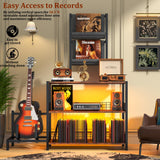 kepptory Tall Vinyl Record Player Stand with LED Lights, 3 Tier Record Storage Cabinet with Vinyl Holder and Guitar Stand, Media Display Shelf, Mid Century Modern Bookshelf, Turntable Stand (Brown) kepptory