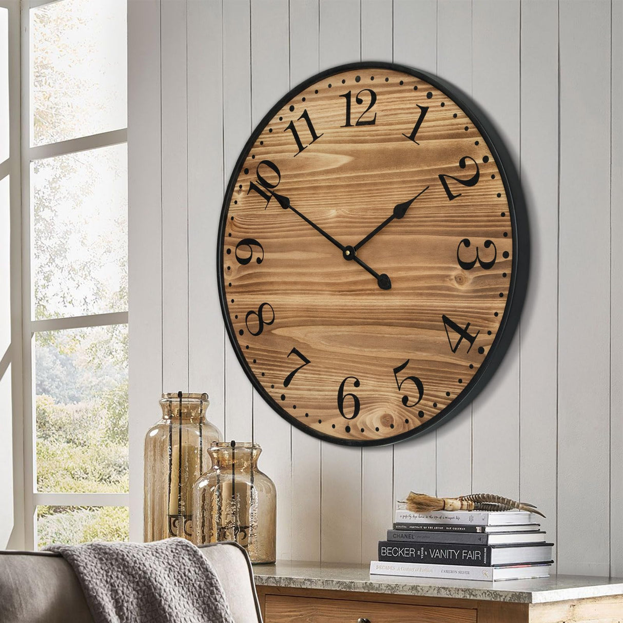 UPPER DECOR Rustic Farmhouse Wall Clocks for Living Room Decor, Large 24 inch Wall Clock with Dark Brown Wooden Face and Black Metal Frame, Silent Battery Operated for Kitchen Bedroom Entryway UPPER DECOR