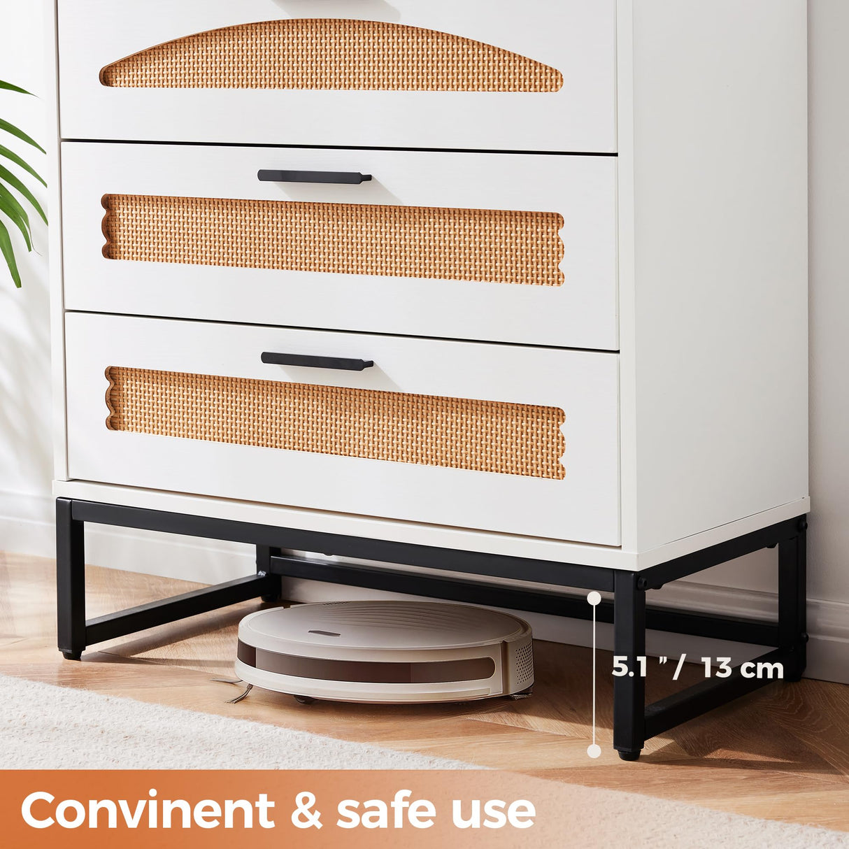 Mericonia 5 Drawer Rattan Dresser for Bedroom, Wood Tall Dresser for Closet with Metal Handles, Boho Nightstand Sets, Dressers & Chests of Drawers for Bedroom, Hallway and Entryway, White Mericonia