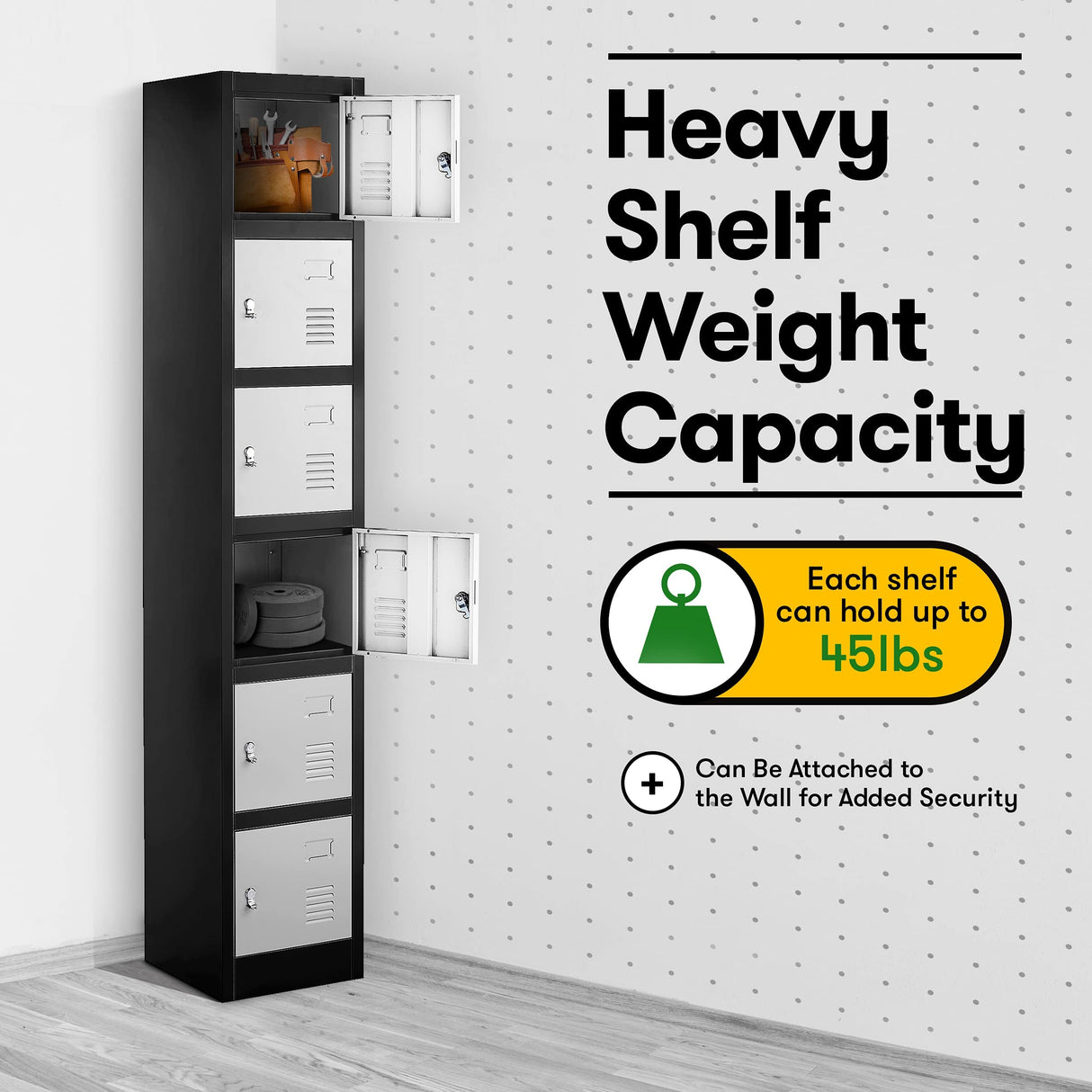 Fedmax Locker Storage Cabinet - 6 Metal Wall Lockers for School, Gym, Home, Office Employee Lock Box, 71 Inches High - Black/Grey Fedmax