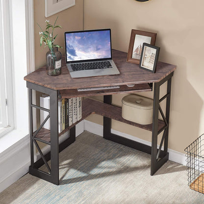 VECELO Corner Computer Desk Writing Smooth Keyboard Tray & Storage Shelves,Compact Home Office Triangle Table, Rustic Natural Brown - WoodArtSupply