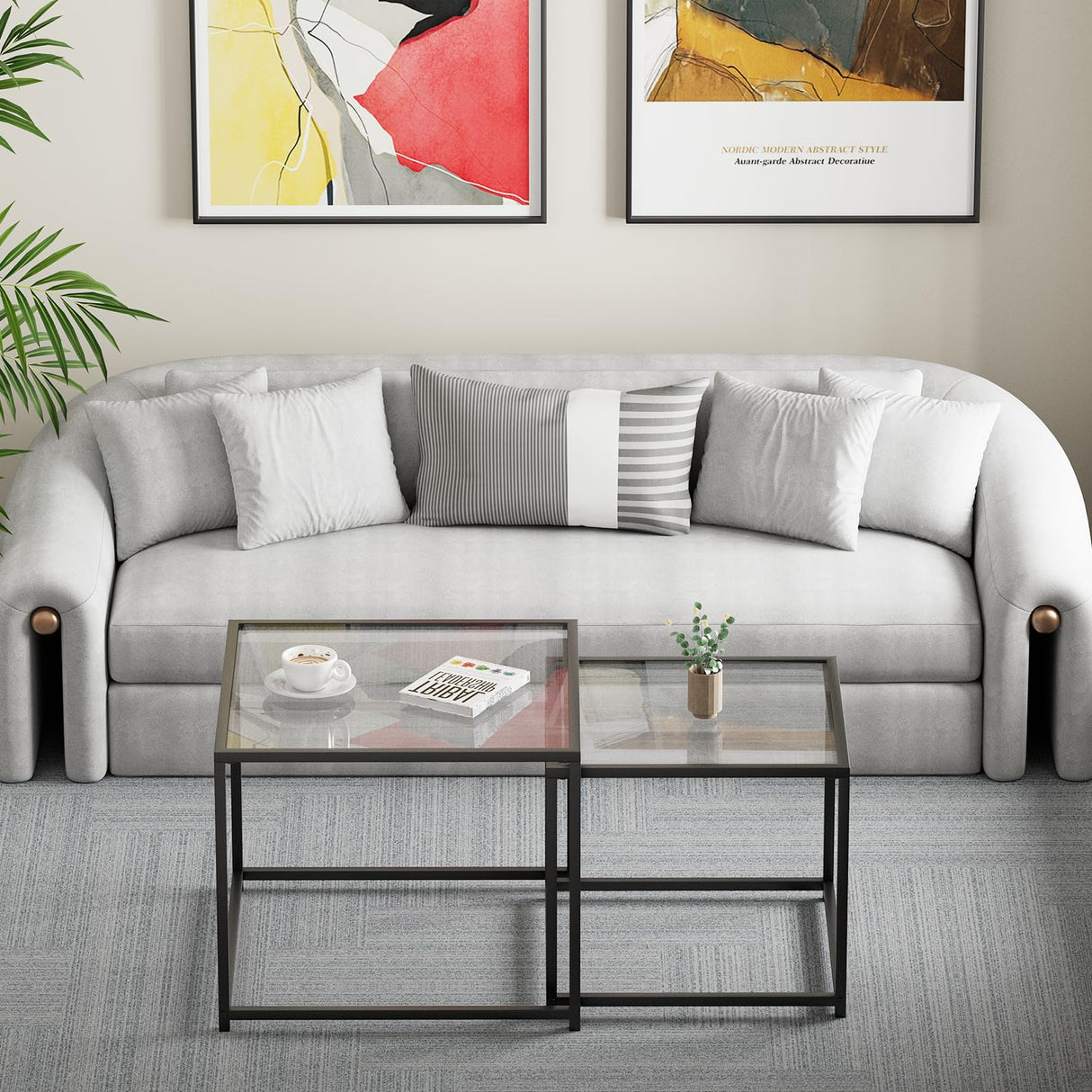 Glass Nesting Coffee Table Set of 2, Modern Minimalist Center Tables, Living Room Coffee Tables for Home, Office, Bedroom, Small Spaces, Space-Saving, Black Adompacat