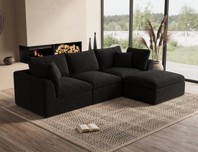 ohllob 110" Cloud Sectional Couches for Living Room, Boneless L-Shape Couch with Ottoman, 3 Seater Modular Sectional Sofa, Black