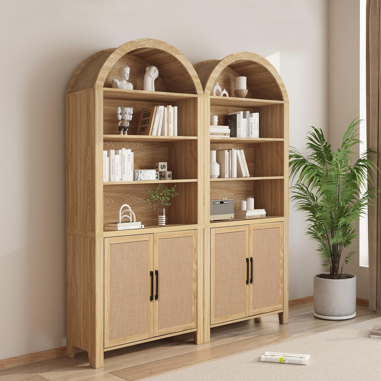 Janmer Home 71" Tall Arched Bookcase with Storage, Mid-Century Modern 6-Tier Curved Cabinet with Door, Arched Bookshelf Cabinet with Open Display Storage Shelf for Office Living Room (Natural) Janmer Home