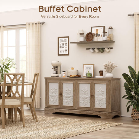 Yechen 63" Vintage Farmhouse Sideboard Buffet Cabinet with 3D Decorative Doors | Light Oak Wood Credenza with Sturdy Frame & Antique Handles | for Living Room, Kitchen, Entryway Yechen
