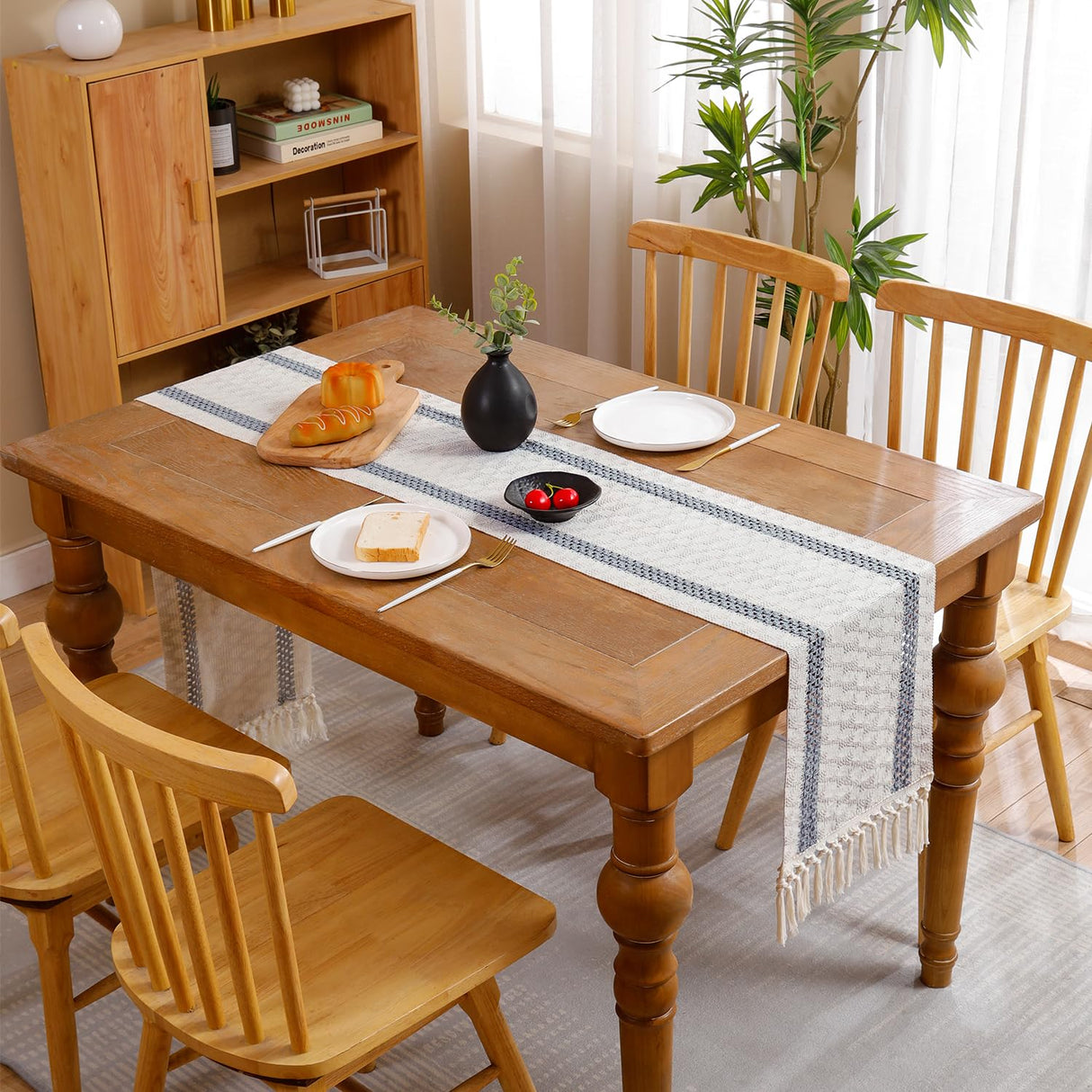 Tosleo Boho Table Runner 12×108 Inches Long with Tassels Grayish Blue Double Striped Farmhouse Rustic Table Runner for Dining Wedding Party（One Piece） Tosleo