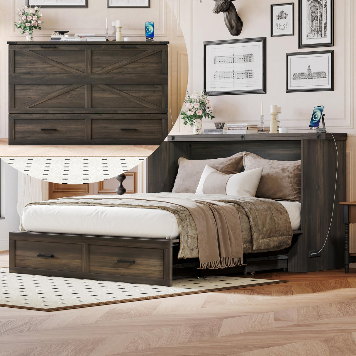 Merax Farmhouse Wood Murphy Bed Chest with Charging Station, Foldable Wall Platform Bed with Storage Drawer/Space Saving/Wood Slat Support/Full, Gray Merax
