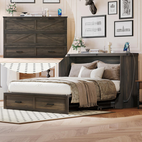 Merax Farmhouse Wood Murphy Bed Chest with Charging Station, Foldable Wall Platform Bed with Storage Drawer/Space Saving/Wood Slat Support/Full, Gray Merax