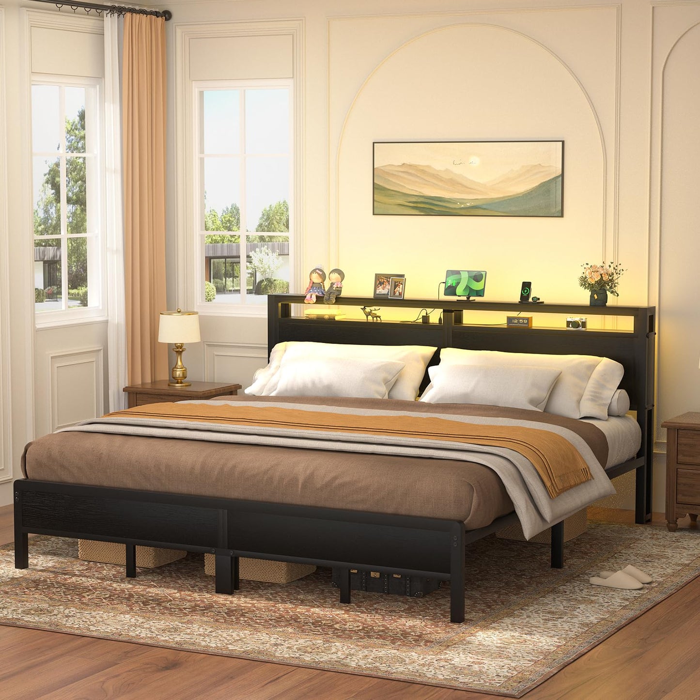 Homieasy Industrial King Size Bed Frame with Smart Charging Station and LED Lights - WoodArtSupply