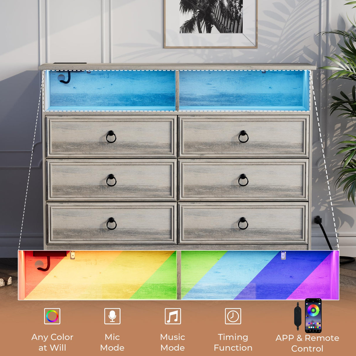 VVFLU Grey 6 Drawer Dresser for Bedroom with LED Lights and Charging Station, Wood 6 Chest Drawers, Large Storage for Clothes, for Living Room, Bedroom, Hallway, Taupe Grey VVFLU