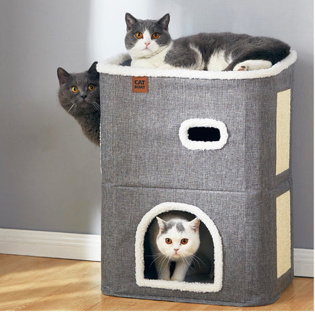 CATBOAT 2-Storey Cat House for Indoor Cats Bed, Covered Beds & Furniture with Scratch Pad and Hideaway Cave, Cute Modern Condo for Multi Small Pet Large Kitten Kitty, Grey CATBOAT
