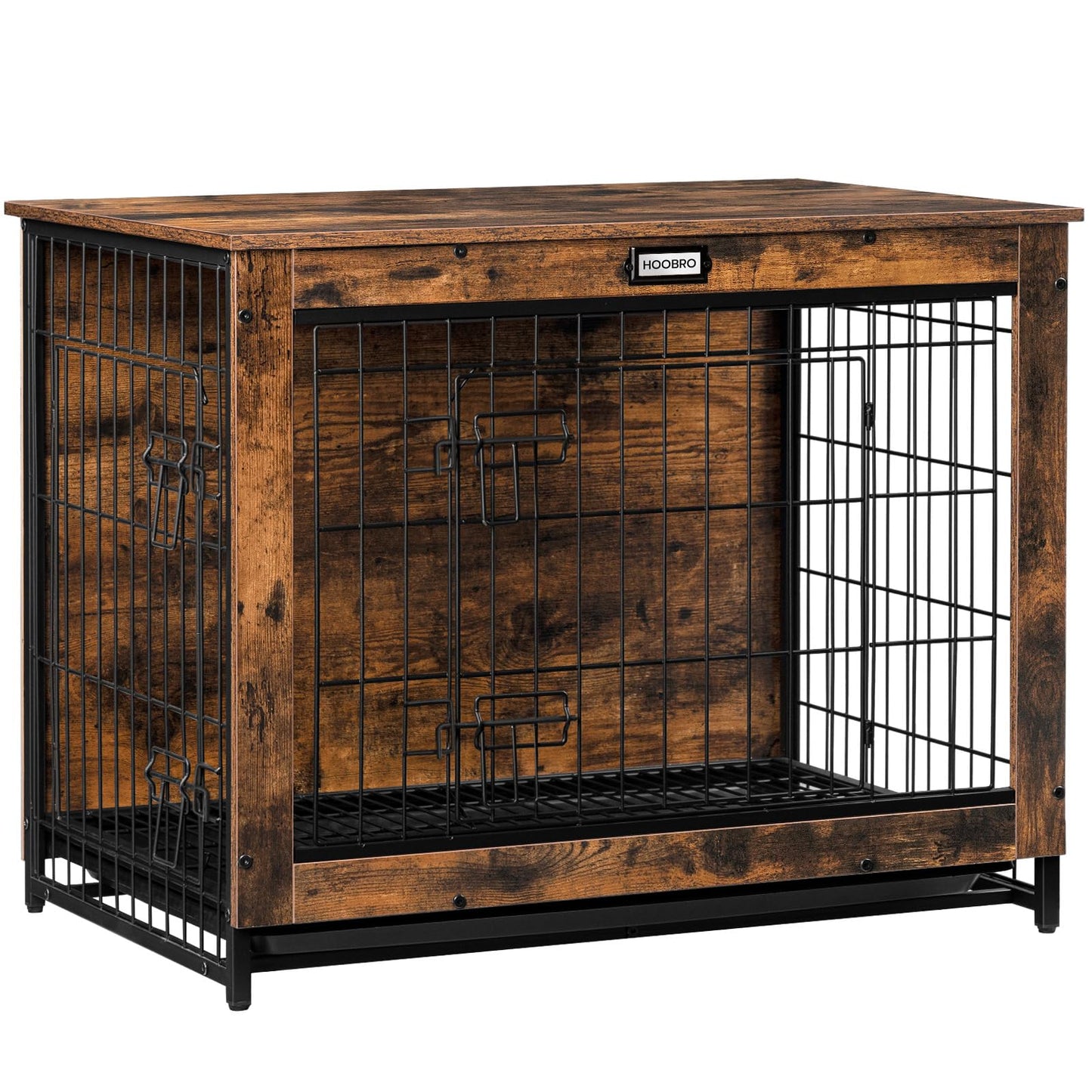 HOOBRO Dog Crate Furniture, Indoor Dog Kennel, Wooden Dog Furniture with Pull-Out Tray, Double Doors Dog House, Modern Side End Table for Medium/Large/Small Dog, 32.5" L, Rustic Brown BF802GW - WoodArtSupply