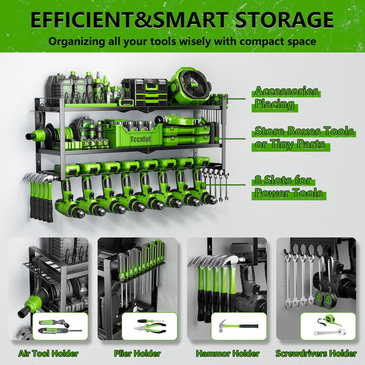 Power Tool Organizer for Tool Storage, 3 Layer 8 Drill Holder Wall Mount, Tool Holder and Storage Rack for Garage Organization, Large Heavy Duty Metal Tool Shelf, Easy Install Utility Storage Rack Tccxfot