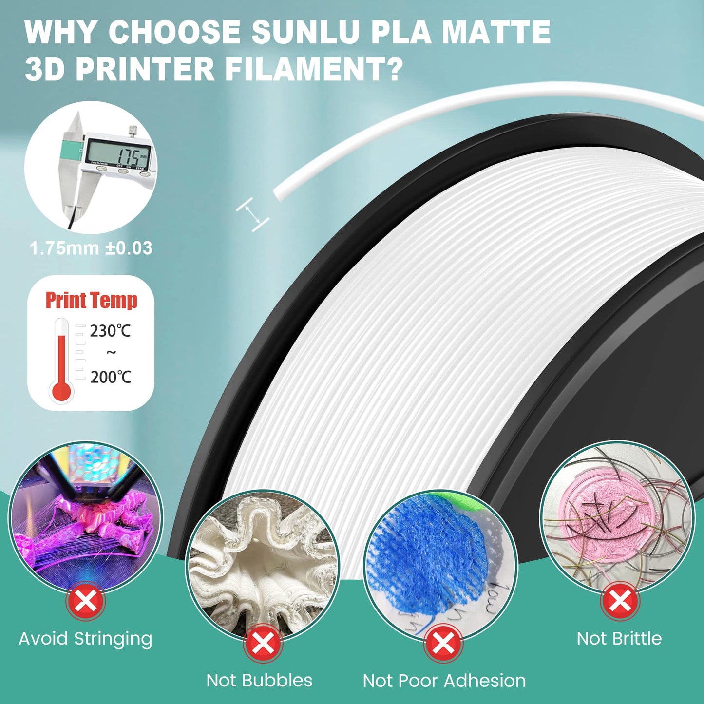 SUNLU 3D Printer Filament Bundle, PLA Matte Filament Bundle, 1.75mm PLA Filament Muticolor, Smooth Matte Surface, Neatly Wound Filament, 250G Spool, 8 Rolls, Black+White+Red+Blue+Green+Pink+G - WoodArtSupply