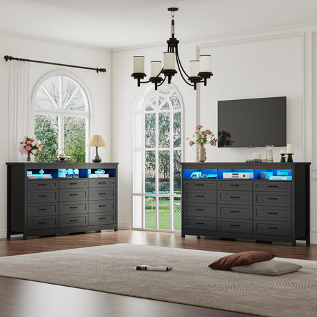 Hlivelood Farmhouse 12 Drawer Dresser with LED Lights, 71" Wide Large Chest of Drawers for Bedroom, Modern Wood Dresser Storage Organizer with Charging Station for Living Room, Bedroom, Hallway, Black Hlivelood