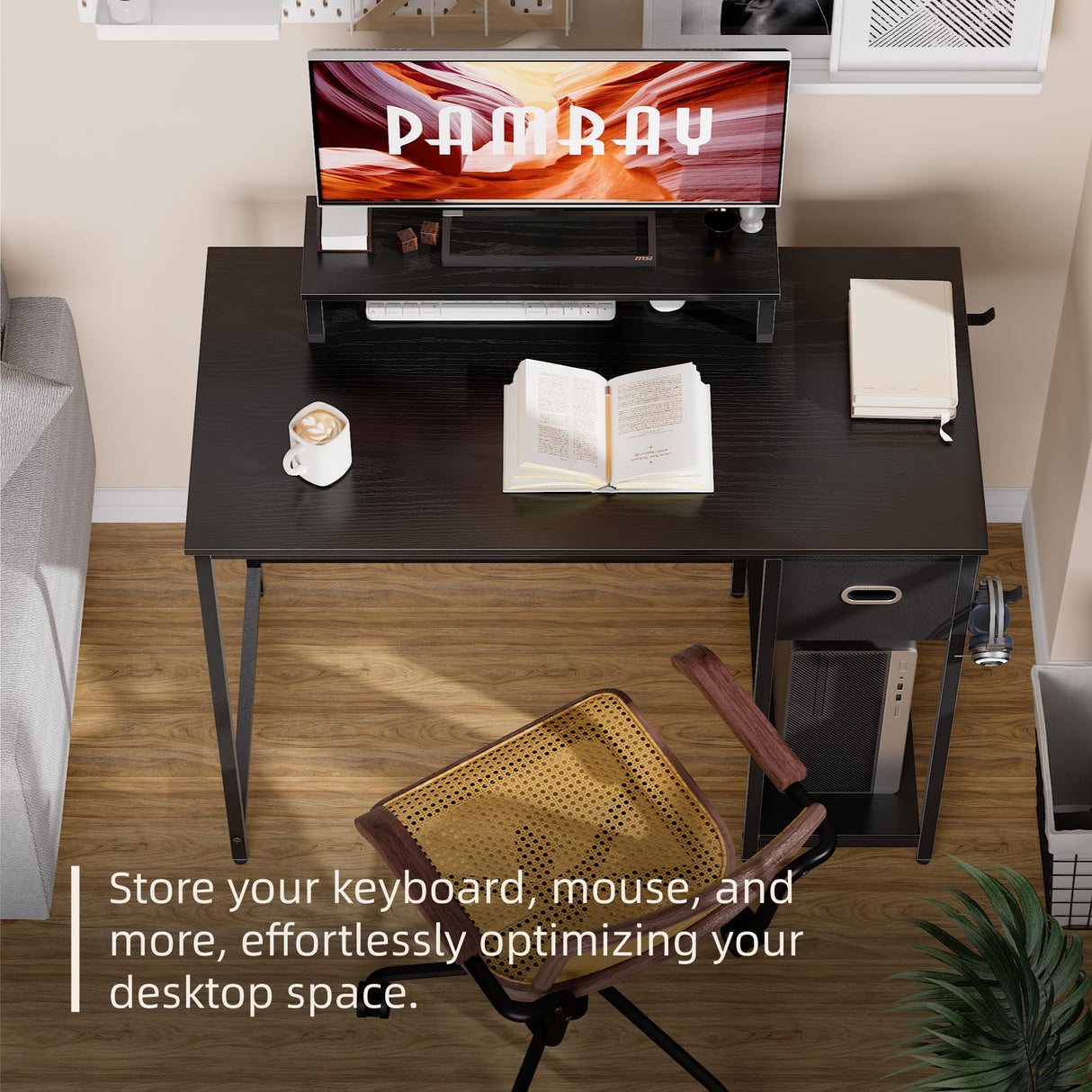 Pamray 39 Inch Computer Desk with Monitor Stand Small Home Office Desks with Non-Woven Storage Drawer for Bedroom Study Table Writing and Work Desk Black Pamray