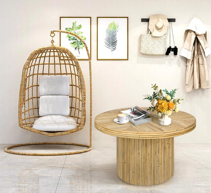 Round Coffee Table, Small Rattan Coffee Table, Mid Century Modern Coffee Table, Boho Circle Coffee Table, Tea Table, Unique Fluted Coffee Table, Rustic Center Table for Living Room