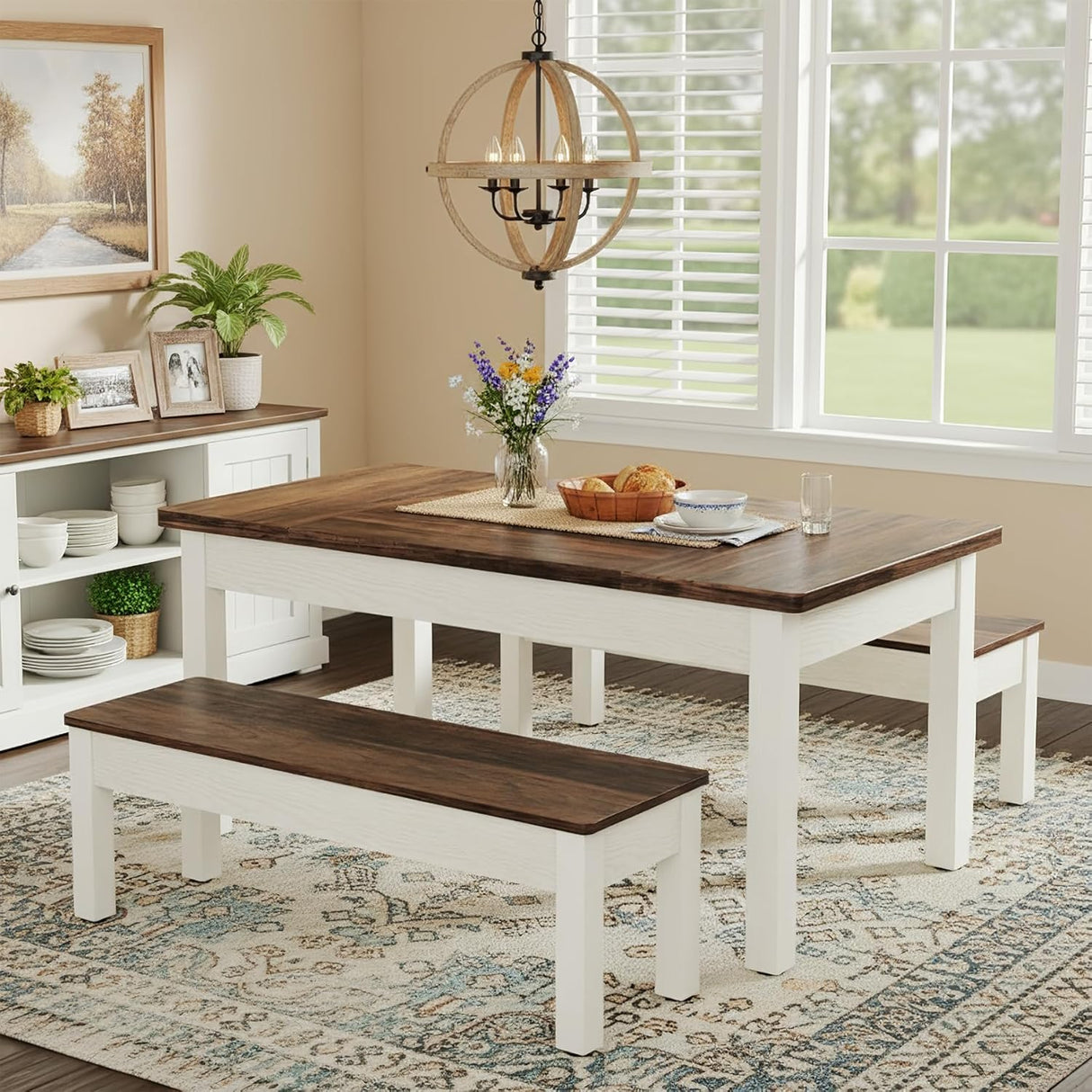 Tribesigns 55-Inch Kitchen Table Set for 4-6 People, Farmhouse Space Saving Dining Table with 2 Benches, 3 Pieces Wooden Dinette Set for Small Space, Breakfast Nook, Restaurant (White and Brown) Tribesigns