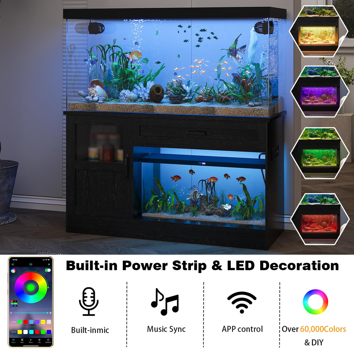 LUMIINOFAMI 40 Gallon Tank Stand, Wooden Aquarium Stand 40 Gallon Fish Tank Stand with Drawer, Reptile Tank Stand with Power Strip and LED, Tank Stand -1000Lbs Capacity, Black LUMIINOFAMI