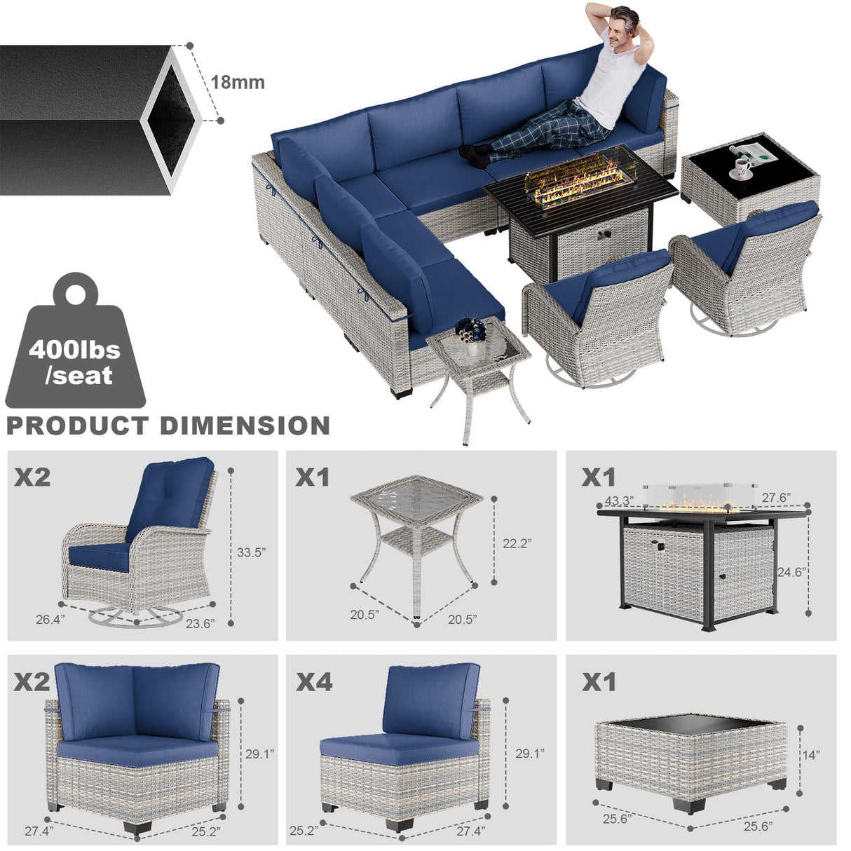 11-Piece Patio Furniture Set, Outdoor Patio Furniture with Fire Pit Table, Swivel Chairs Set, Thick Cushions, Modular Patio Sofa, Dual-Strand Wicker Rattan, Rust-Resistant Frame, Navy Blue Sweecci