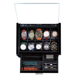 Woodronic Watch Organizer Case, 10 Slots Wood Watch Box Display Holder with Storage Drawer and Pillows, Glossy Finish, Glass Top and 2-Tiered Design, Gift for Men (Flat-top) Woodronic