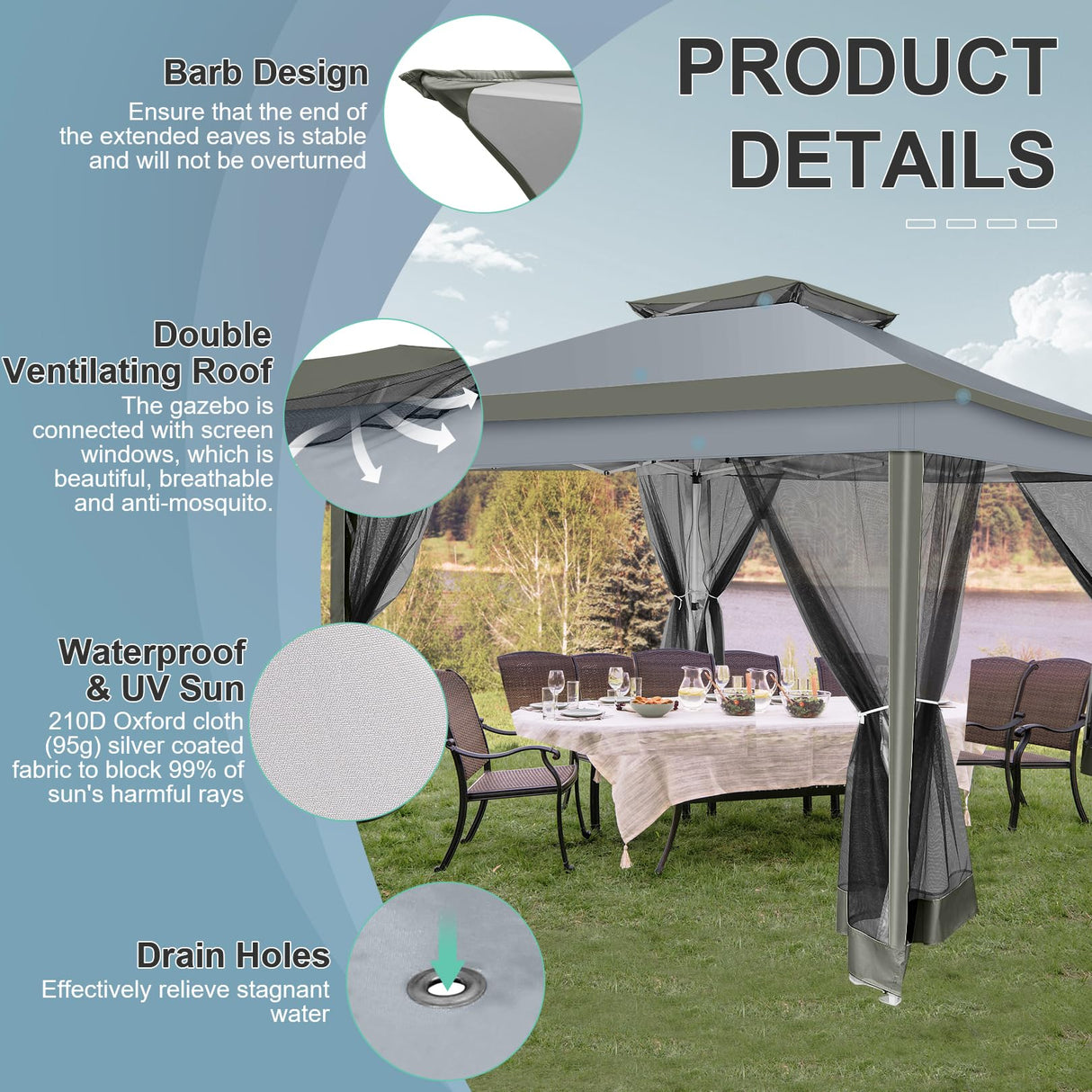 COBIZI 12x12 Pop up Gazebo on Clearance with Mosquito Netting & Sandbags, Outdoor Canopy Tent with 4 Ropes 8 Stakes & Portable Carrying Bag, Patio Portable Gazebo for Garden Backyard & Lawn,Darkgrey COBIZI