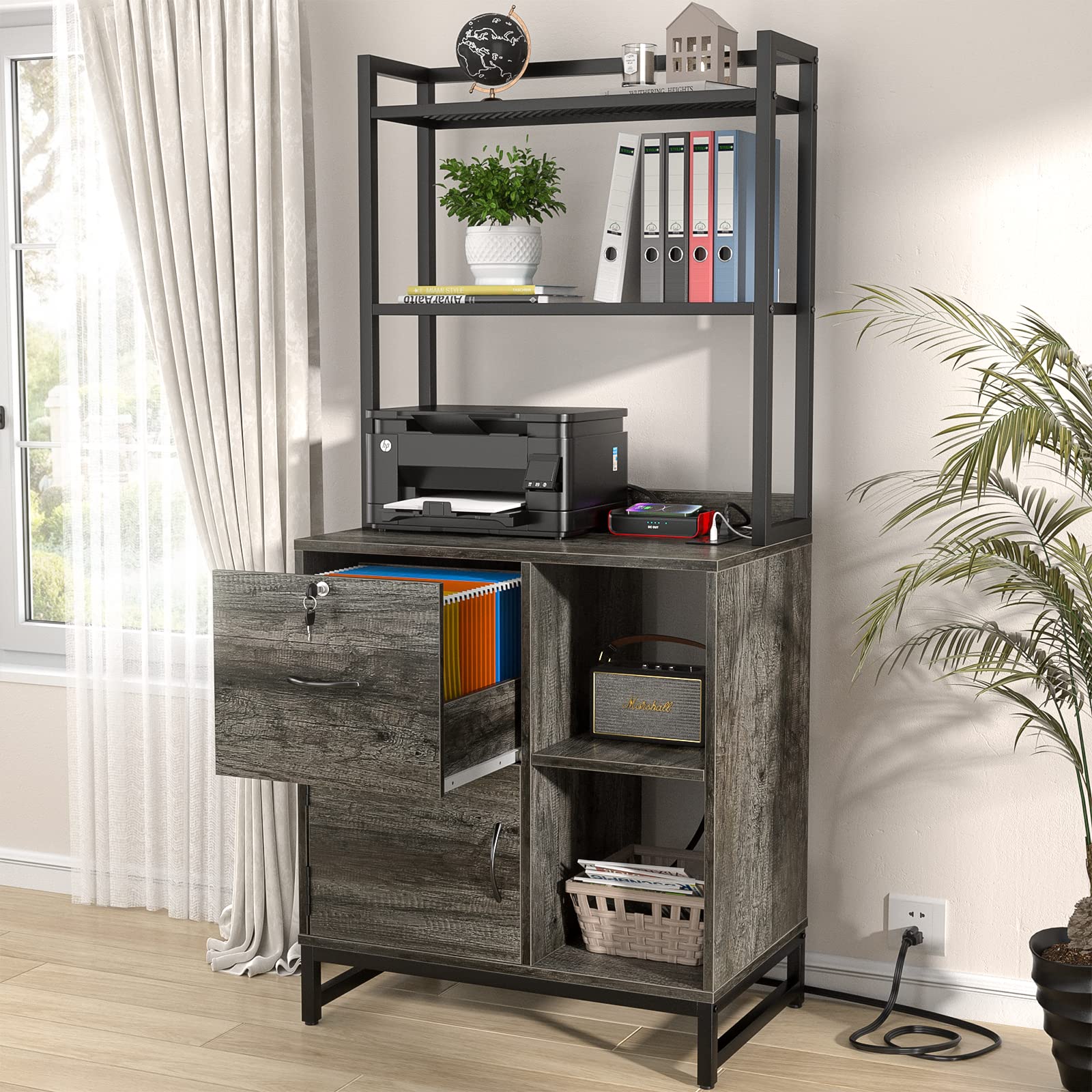 Homieasy Grey Oak Vertical Filing Cabinet with Lock & Charging Station, Large Drawer & Bookshelf - WoodArtSupply