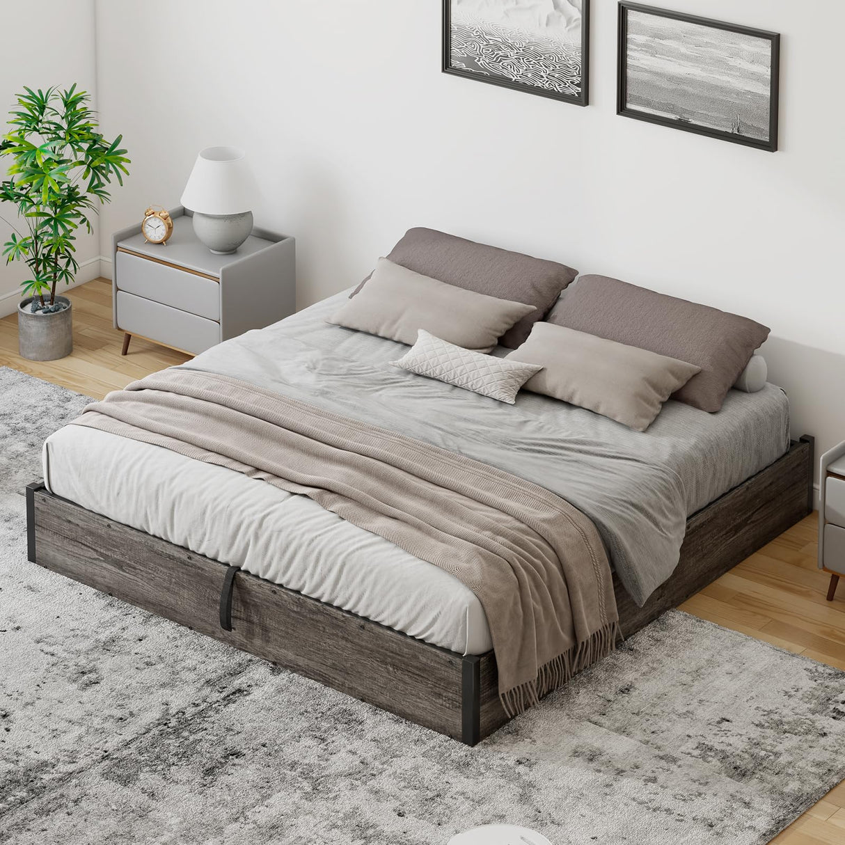 LUXOAK King Size Lift Up Storage Platform Bed Frame, Metal Bed Frame with Wooden Slats Support, No Box Spring Needed, Large Storage Space, Noise Free, Easy Assembly, Rustic Grey LUXOAK