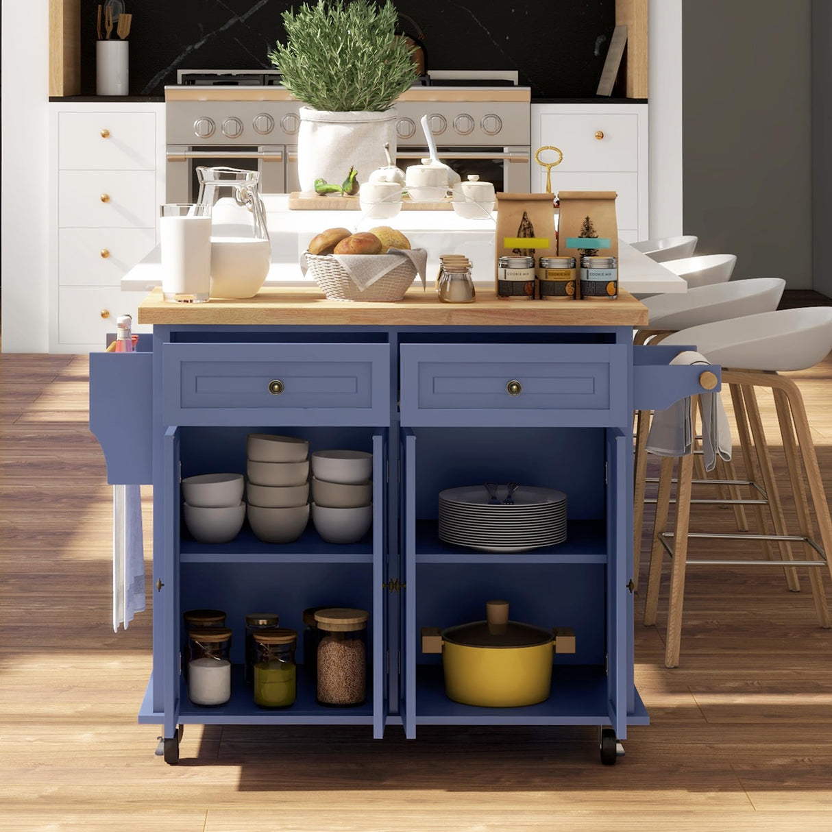 HOMCOM Kitchen Island on Wheels, Rolling Cart with Rubberwood Top, Spice Rack, Towel Rack and Drawers for Dining Room, Navy Blue HOMCOM