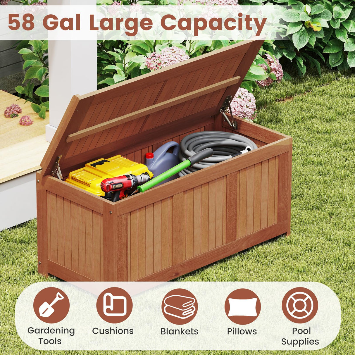 Tangkula 58 Gallon Wood Outdoor Storage Box, 3-in-1 Patio Storage Bench with Flip Top for Cushions, Pool Supplies, Gardening Tools, Outdoor Deck Box for Garden, Backyard, Poolside Tangkula