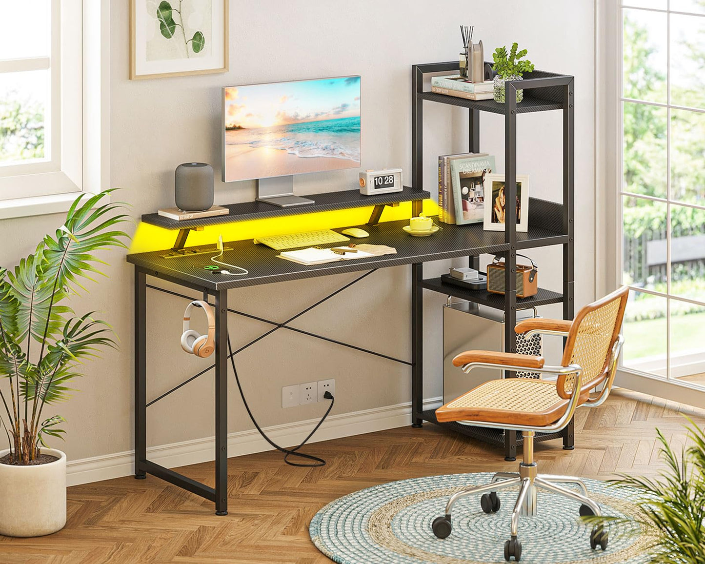 ODK Reversible Gaming Desk with Power Outlets and LED Lights, 48 Inch Computer Desk with Storage Shelves and Monitor Stand, Modern Writing Study Desk for Home Office, Carbon Fiber Black