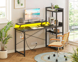 ODK Reversible Gaming Desk with Power Outlets and LED Lights, 48 Inch Computer Desk with Storage Shelves and Monitor Stand, Modern Writing Study Desk for Home Office, Carbon Fiber Black ODK
