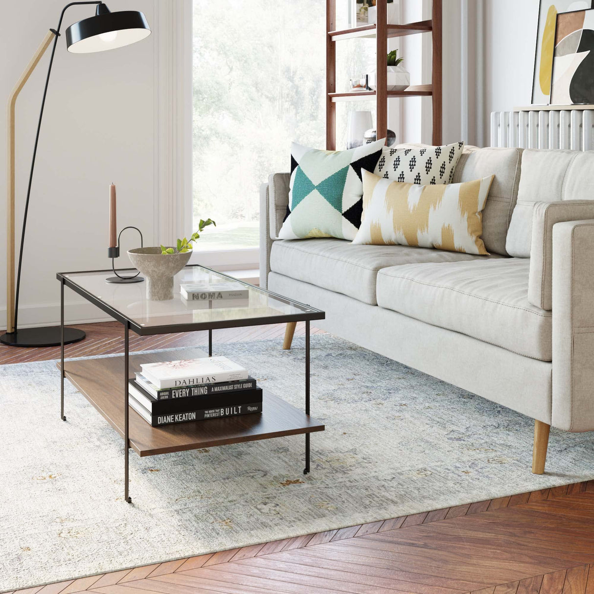 Nathan James Asher Mid-Century Rectangle Coffee Table Glass Top and Wood Finish Storage Shelf with Metal Legs, Walnut/Black Nathan James