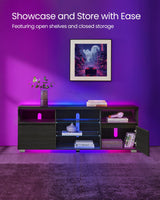 VASAGLE TV Stand with LED Lights for TVs up to 70 Inch, Entertainment Center with Open Glass Shelves, 2 Cabinets with Doors, 63-Inch Long, TV Console for Bedroom Living Room, Black ULTV330T21 VASAGLE