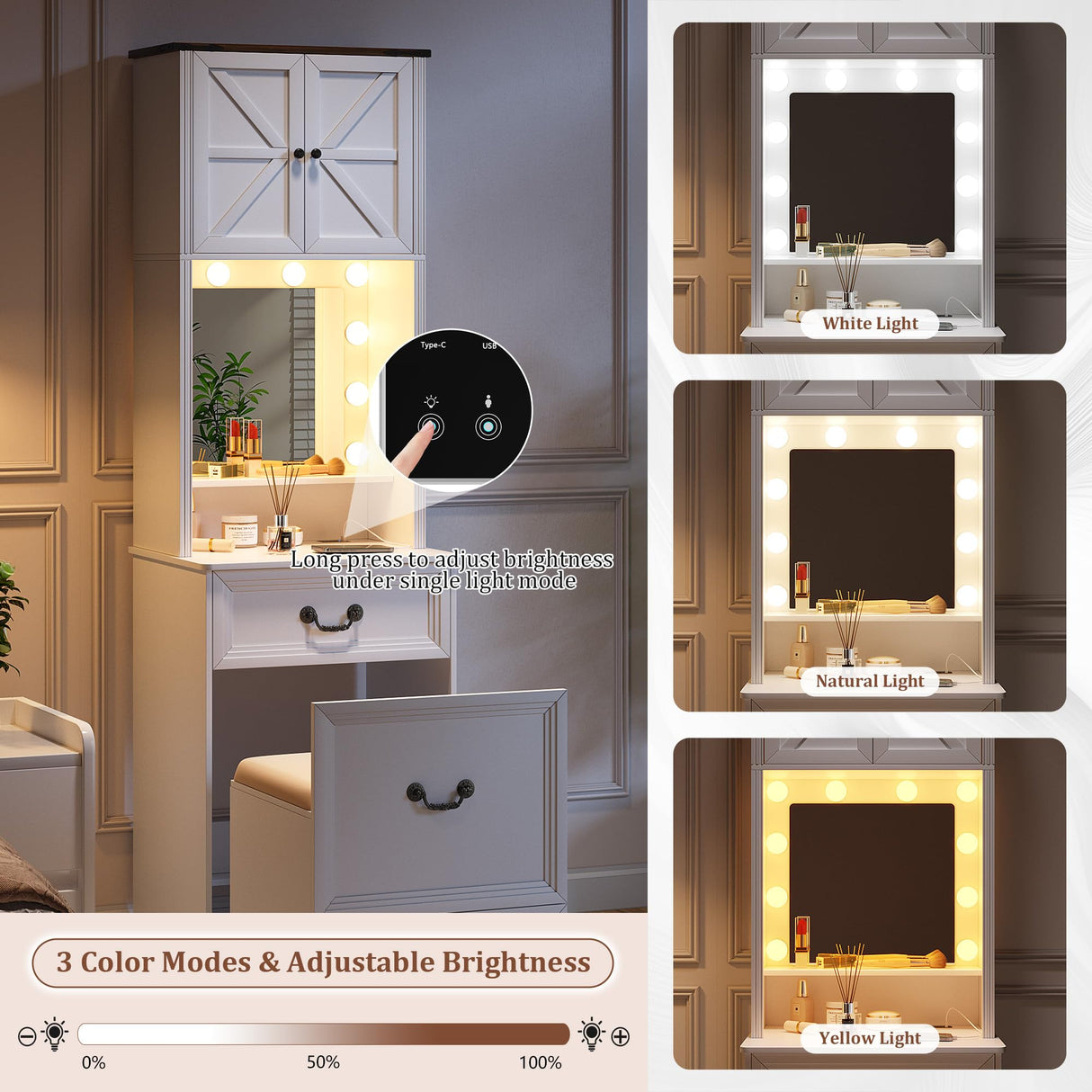 Compact Vanity with Mirror and Lights, Makeup Vanity Desk w/Storage Drawers & Shelves, Farmhouse Vanity Table with Hidden Chair for Bedroom, Dressing Table Gift for Girls Lady TAGELIER