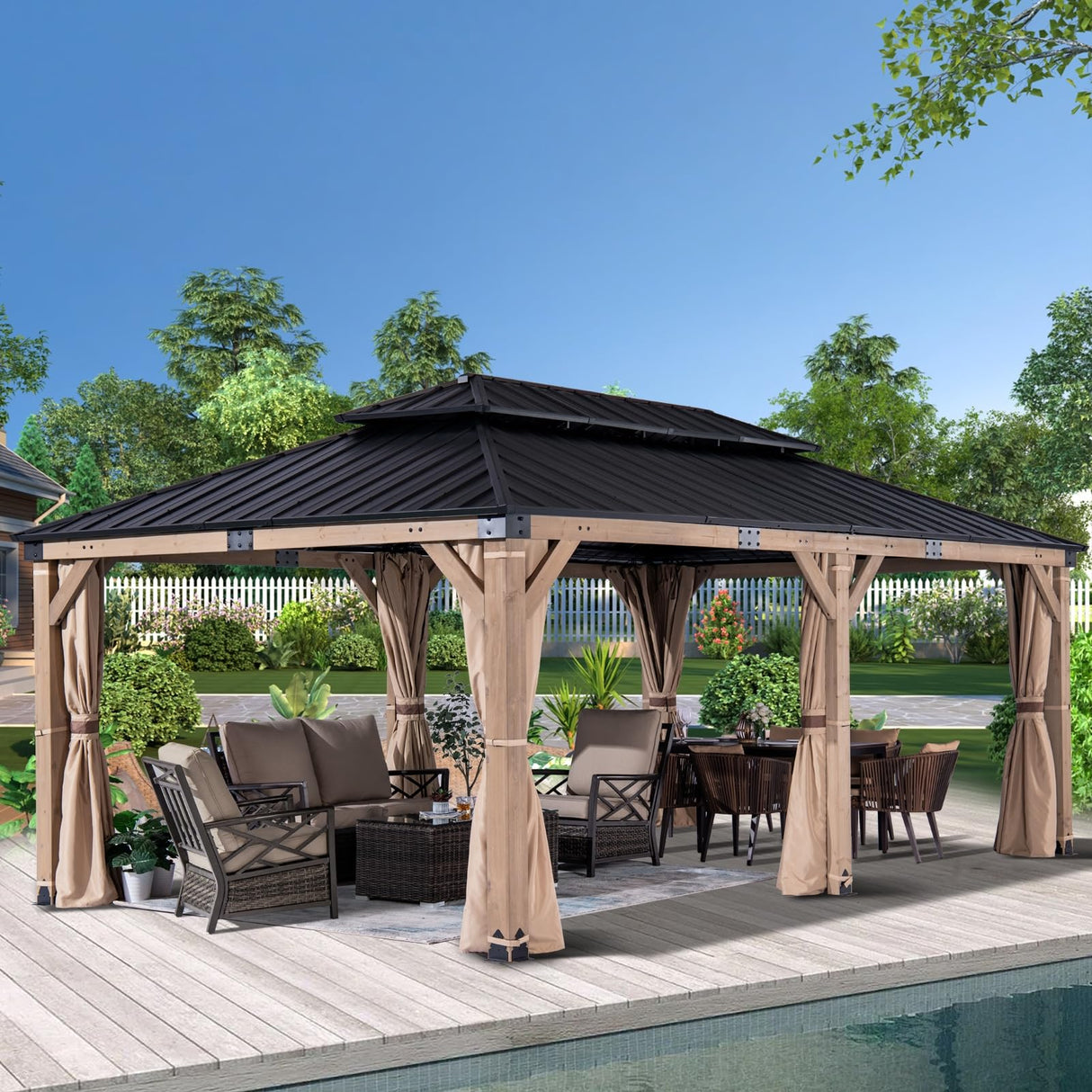 FAB BASED 12x20FT Hardtop Wood Gazebo, Natural Solid Cedar Frame Gazebo with 2-Tier Vented Roof, Outdoor Metal Canopy Pavilion with Netting & Curtains for Deck, Garden, Backyard, Lawn (Khaki) FAB BASED