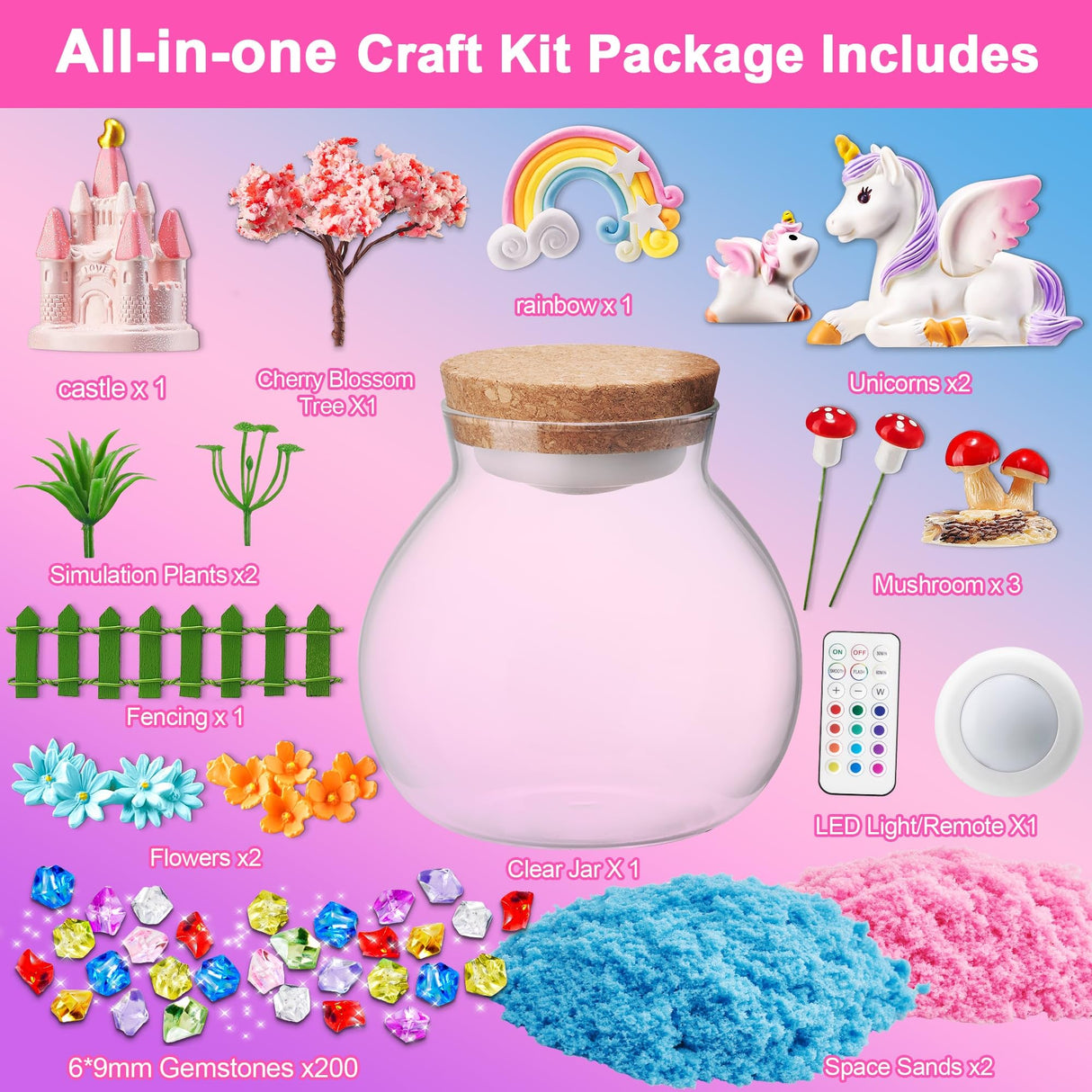 Light-Up Unicorn Terrarium Kit for Kids: LED Night Light Up & Remote Birthday Gifts for Girl Ages 4 5 6 7 8-12 Year Old Unicorn Toys for Girls Age 4-6 - Arts and Crafts Meijoy