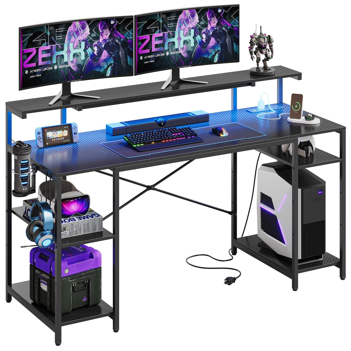 Bestier 55 inch Gaming Desk with Power Outlets & LED Lights, Computer Desk with Monitor Stand & Adjustable Shelves, Home Office Desk with Cup Holder & Hook, Black 3D Carbon Fiber Bestier